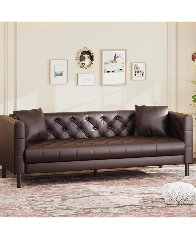 gaomon 81 Leather Couch, Handmade Button Tufted 3 Seater Sofa, Chesterfield Sofa with Deep Seat and 2 Pillows, Leather Sofa for Living Room Apartment