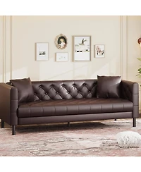 gaomon 81 Leather Couch, Handmade Button Tufted 3 Seater Sofa, Chesterfield Sofa with Deep Seat and 2 Pillows, Leather Sofa for Living Room Apartment