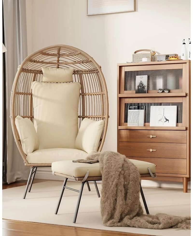 gaomon Oversize Wicker Egg Chair with Ottoman, Shaped Chaise Lounge Thick Cushion for Indoor Outdoor Patio Porch Backyard