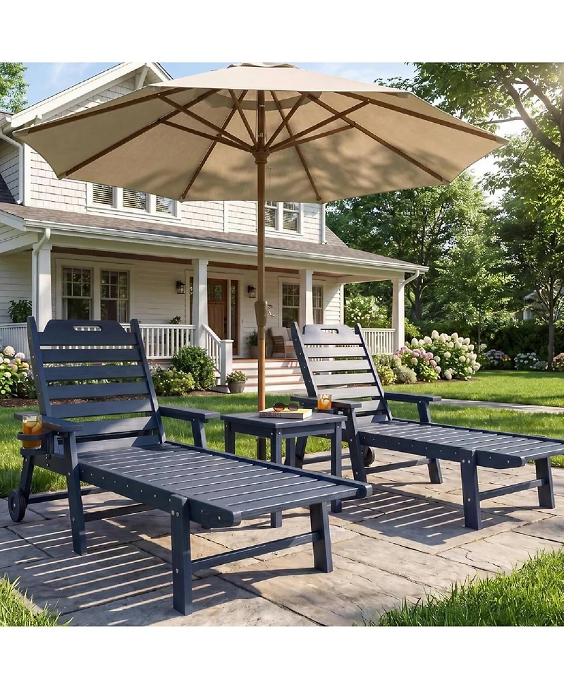 gaomon 2 Piece All-Weather Chaise Hdpe Lounge Chair, Built-in Cup Holder and Rolling Wheels for Patio, Poolside, Deck