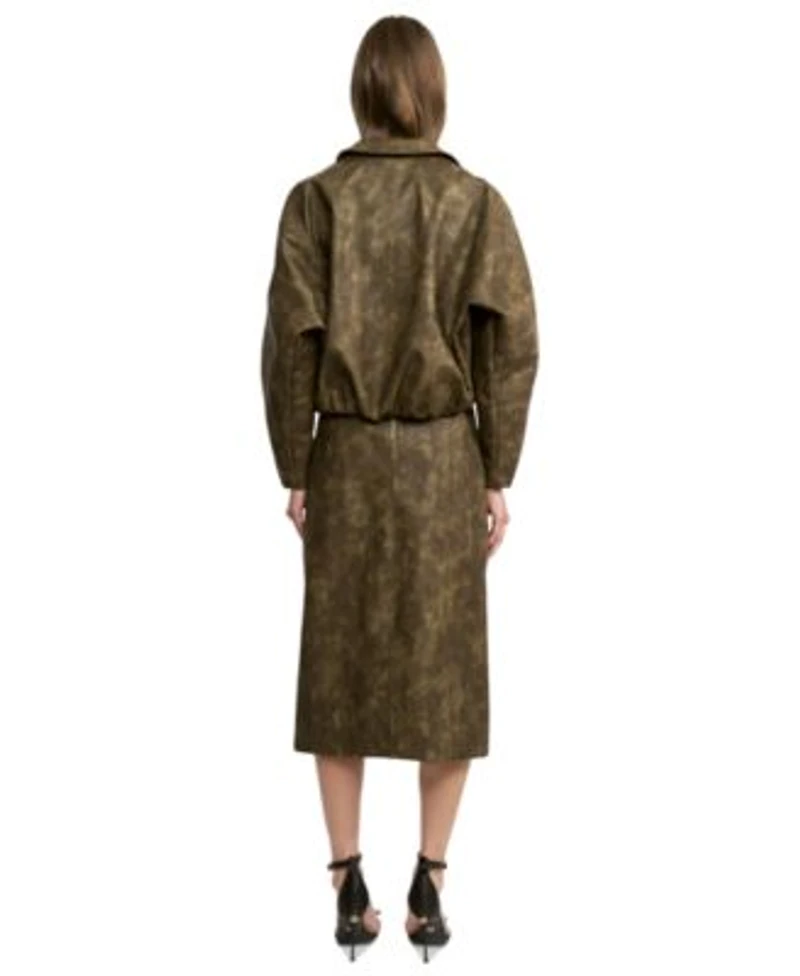 En Saison Womens Olive Front Zipper Jacket Olive Zipper Midi Skirt