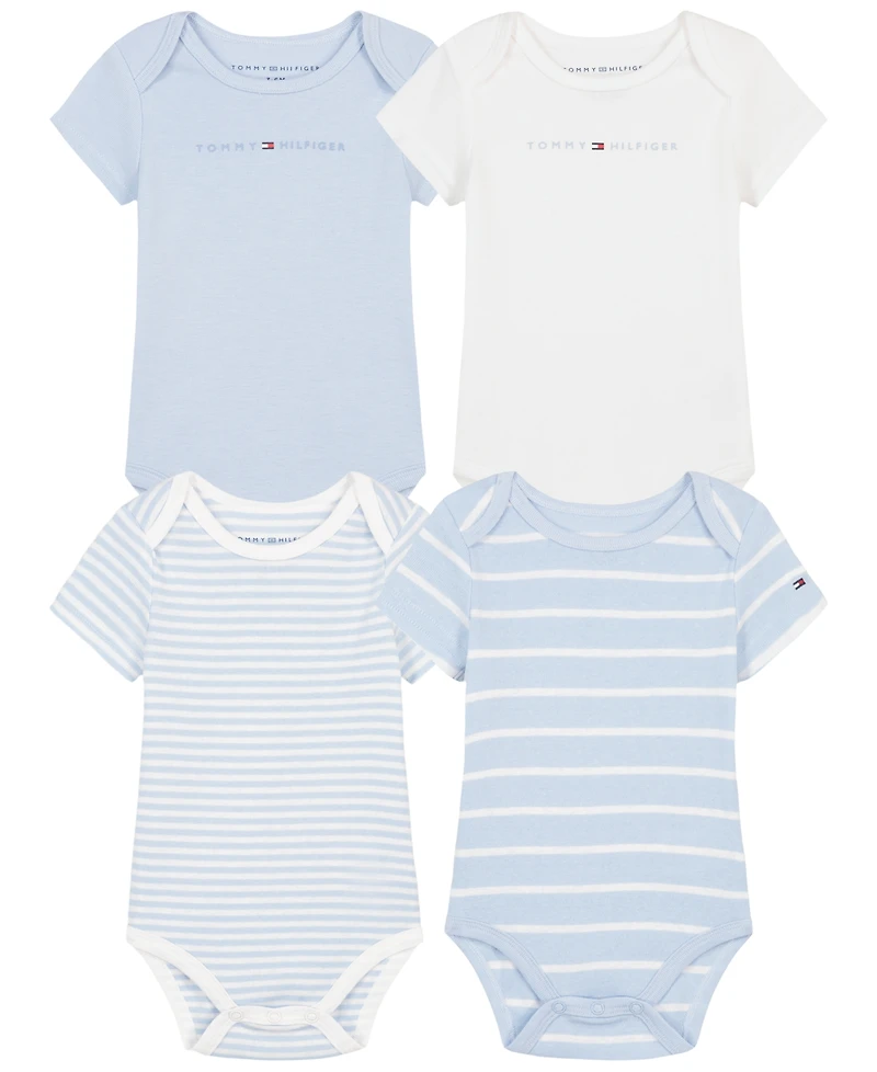 Tommy Hilfiger Baby Boys' Logo and Stripe Print Short-Sleeve Bodysuits, 4-Pack