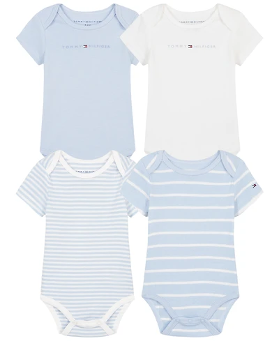 Tommy Hilfiger Baby Boys' Logo and Stripe Print Short-Sleeve Bodysuits, 4-Pack