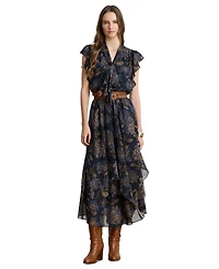 Lauren Ralph Women's Floral Crinkle Georgette Tie-Neck Midi Dress