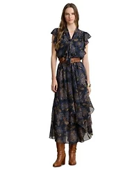 Lauren Ralph Lauren Womens Floral Crinkle Georgette Tie Neck Midi Dress