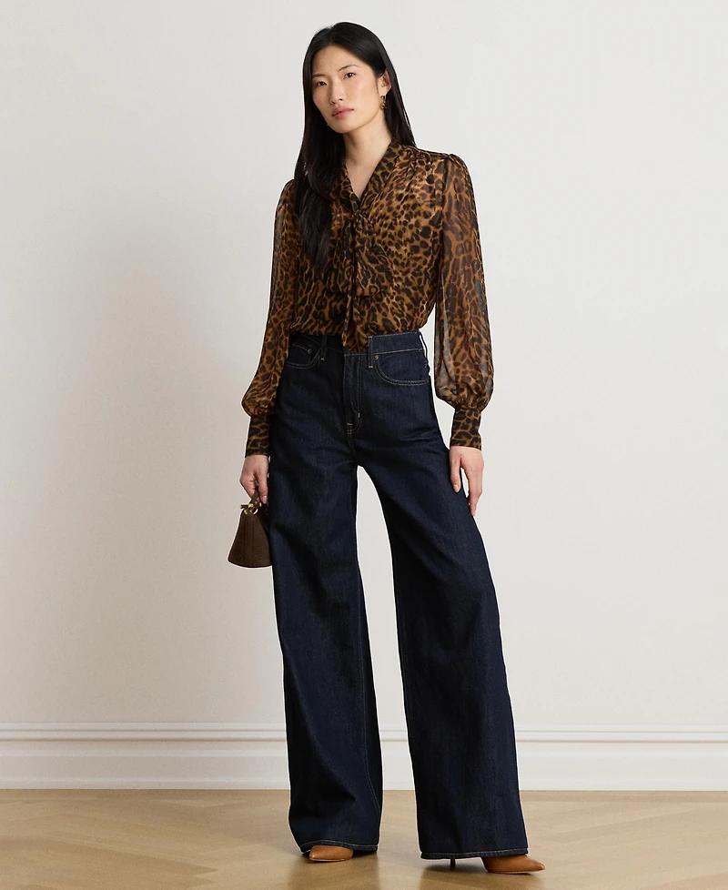 Lauren Ralph Women's Ocelot-Print Chiffon Tie-Neck Blouse