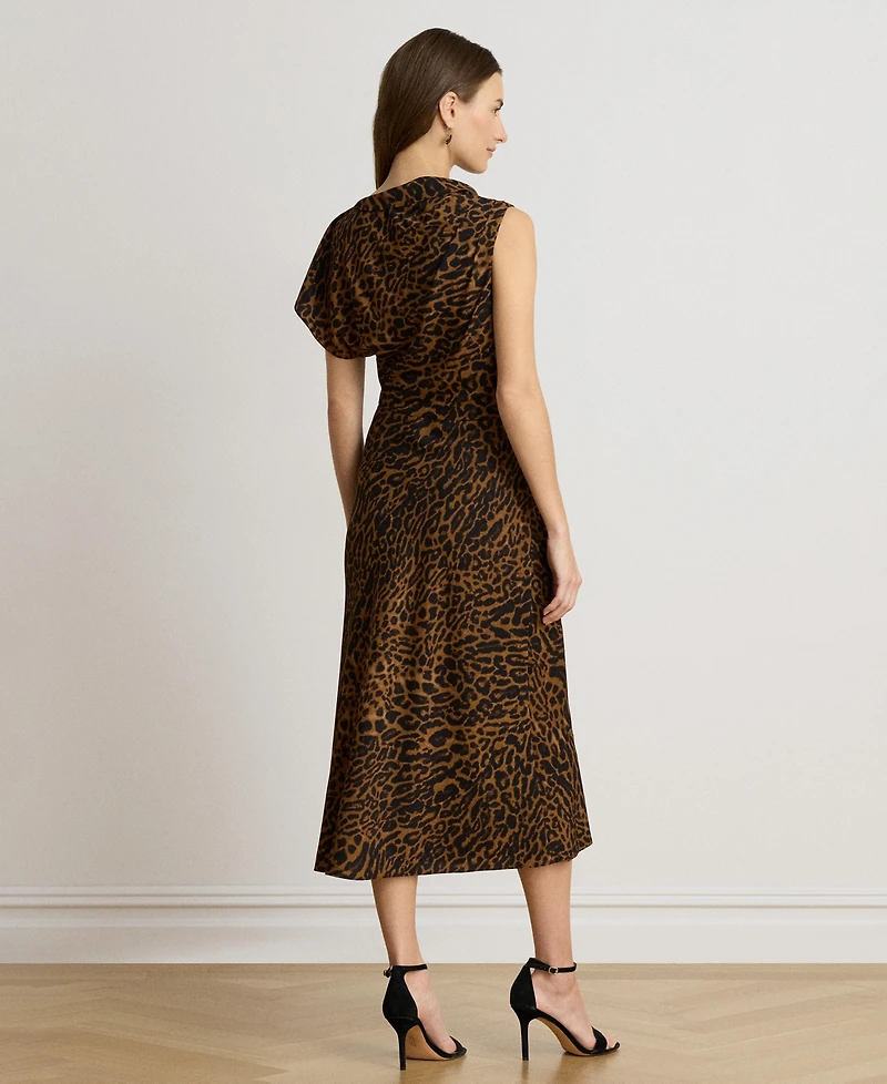 Lauren Ralph Women's Asymmetrical Neck Ocelot-Print Pleated Crepe Dress