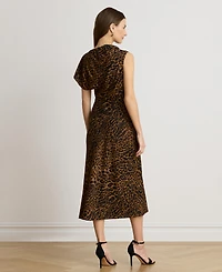 Lauren Ralph Women's Asymmetrical Neck Ocelot-Print Pleated Crepe Dress