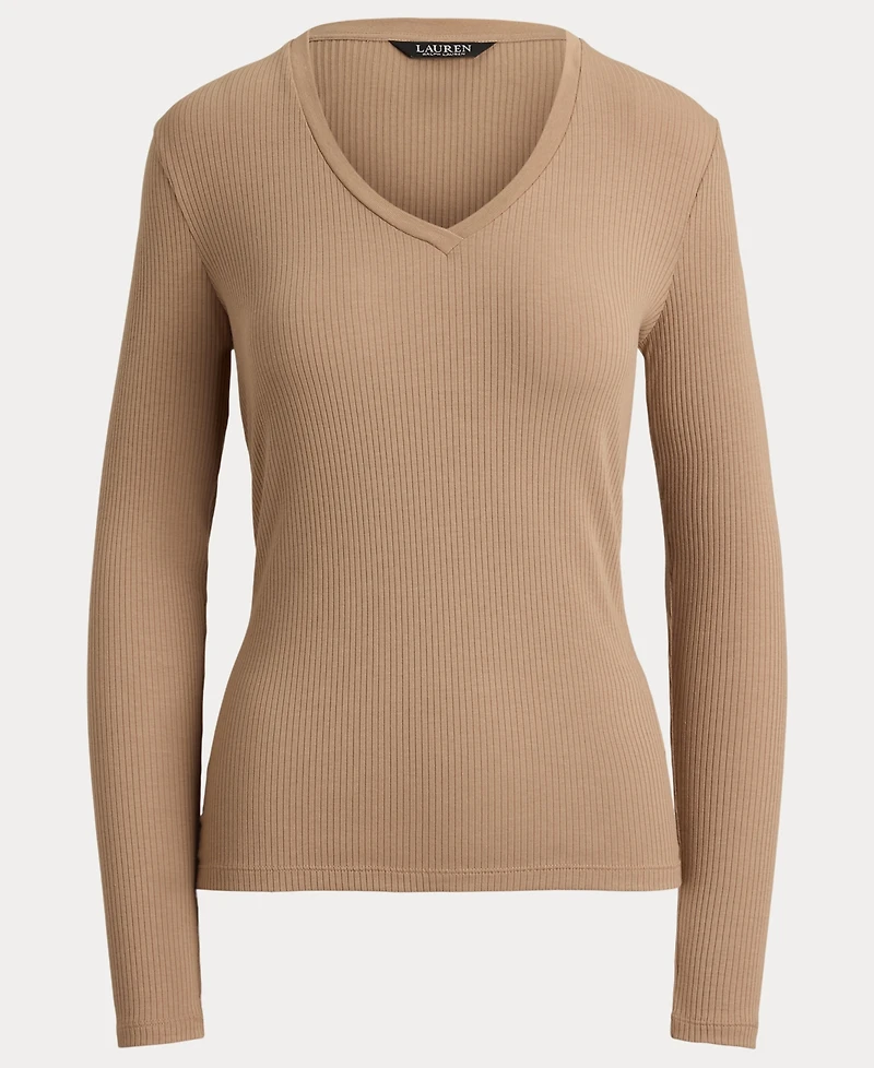 Lauren Ralph Women's Rib-Knit Long-Sleeve V-Neck Top