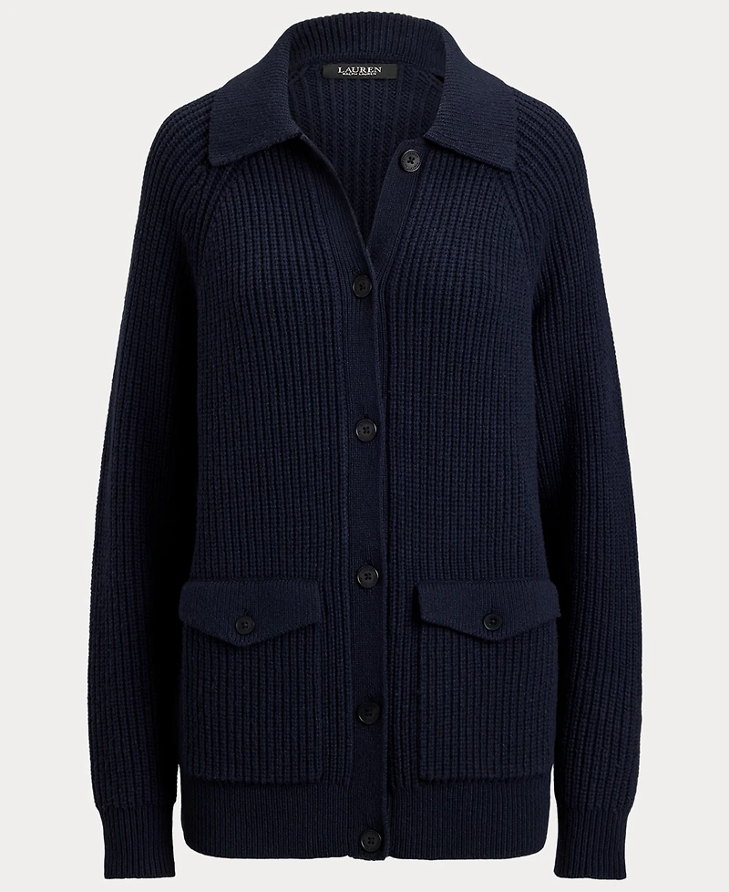 Lauren Ralph Women's Wool-Blend Rib-Knit Spread Collar Cardigan
