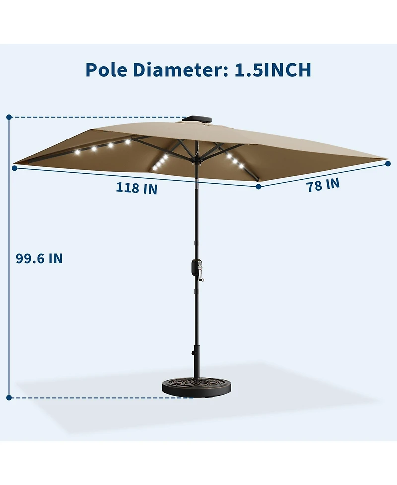 gaomon Solar Powered Rectangular Patio Umbrella With Led Lights - Outdoor Market Table Umbrella, Push Button Tilt, 6 Sturdy Ribs For Garden, Deck