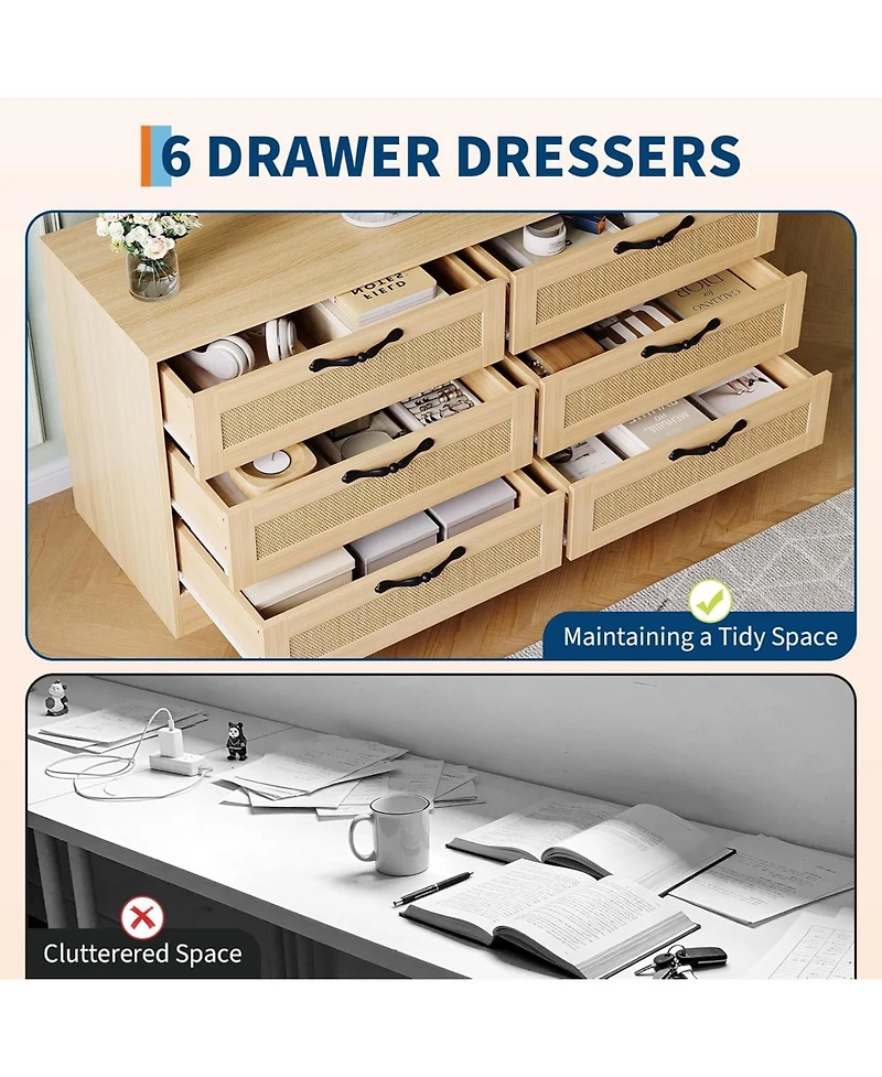 gaomon 6-Drawer Tv Stands for Living Room, Entertainment Center, Rattan-Woven Mdf Tv Stand,Living Room Furniture