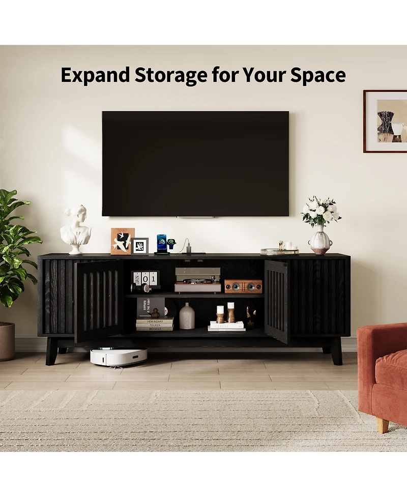 gaomon 63" Tv stand with power outlet, adjustable shelves, storage, and 4 grille doors, wooden entertainment center for living room.