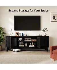 gaomon 63" Tv stand with power outlet, adjustable shelves, storage, and 4 grille doors, wooden entertainment center for living room.