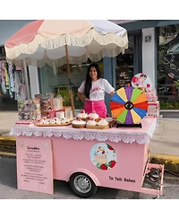 WinSpin 24" Modular Prize Wheel Tabletop w/ Palm Springs Pink Fringe Umbrella for Outdoor Pop-up Shop Craft Booth