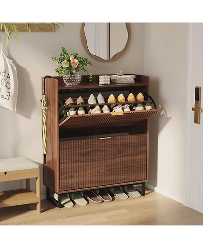 homfan Shoe Storage Cabinet with 2 Flip Drawers, Narrow Wood Hidden Fluted Shoe Rack Organizer Cabinet for Entryway