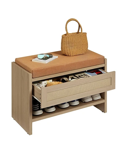 homfan Rattan Entryway Shoe Bench with Storage Drawer and Linen Cushion – Wooden Open Shelf Comfortable Seat