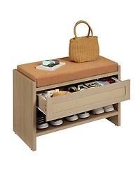 homfan Rattan Entryway Shoe Bench with Storage Drawer and Linen Cushion – Wooden Open Shelf Comfortable Seat