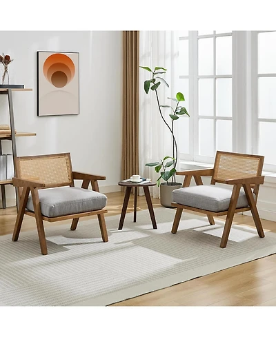 gaomon Mid Century Accent Chairs Set of 2, Rattan & Linen Cushion Armchairs