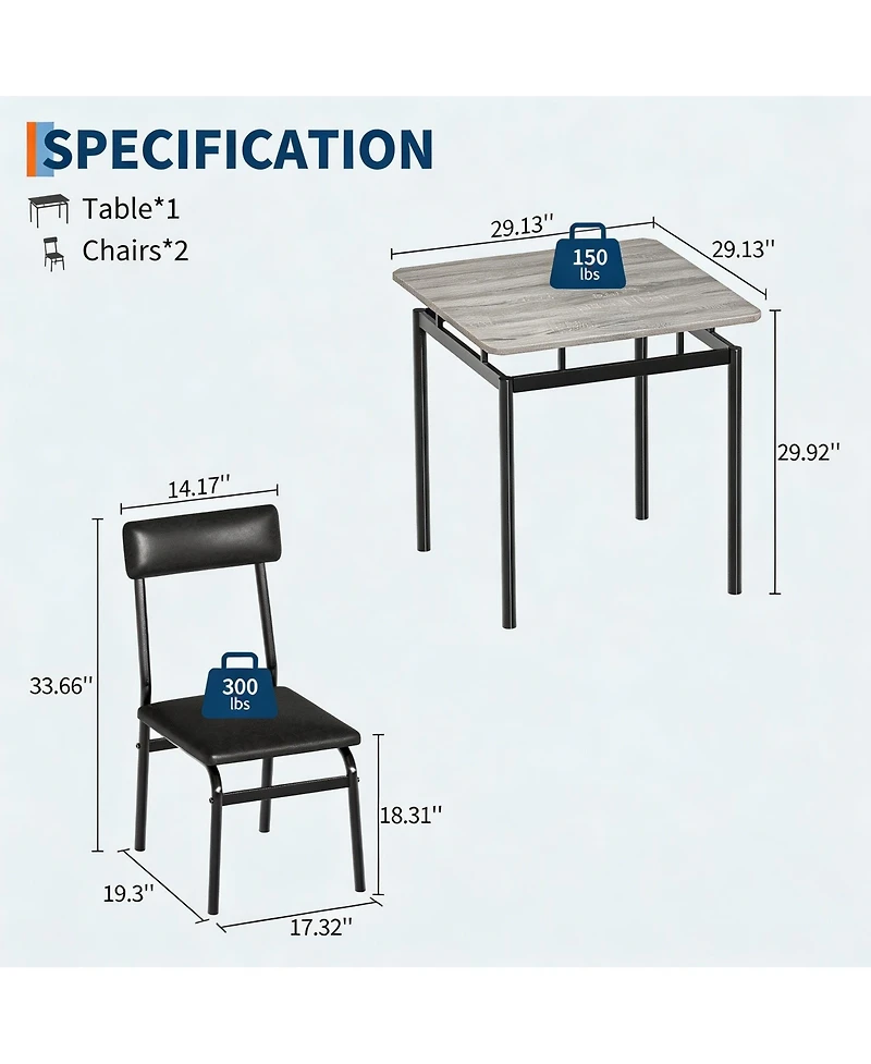 gaomon 3 Piece Dining Table Set, Kitchen Table Set for 2 with 2 Pu Upholstered Chair, Industrial Metal Frame Dinette Set for Small Space, Dining Room