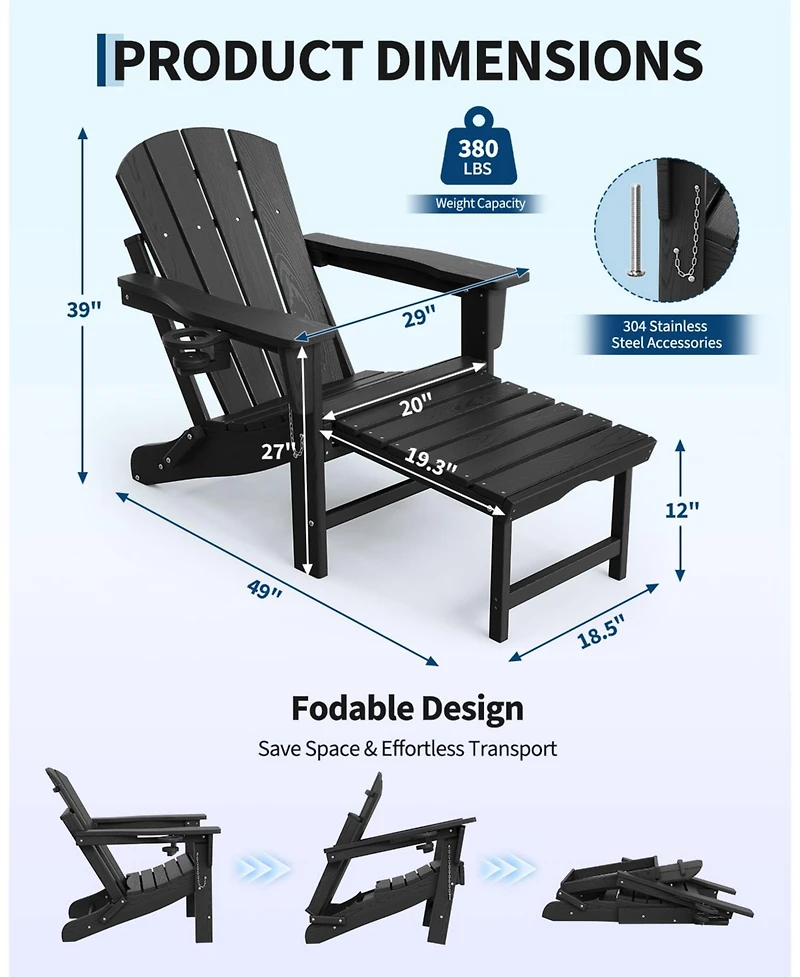 gaomon All-Weather Hdpe Outdoor Folding Adirondack Rocking Chair with Retractable Ottoman for patios, Decks