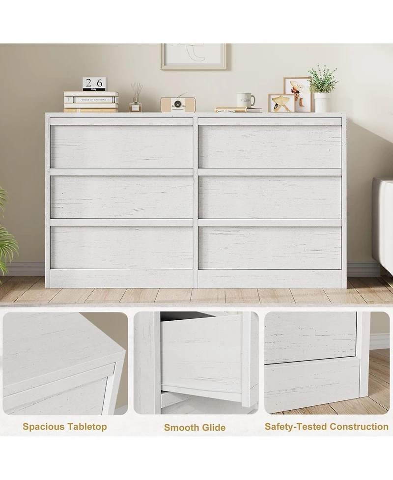 homfan 6-Drawer Storage Dresser Wide Antique Chest of Drawers for Clothes, Linens and Bedroom Organization