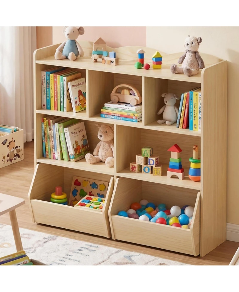 gaomon Set of 2 Toy Storage Organizer with Movable Drawers, Bookshelf with Hidden Wheels and 5 Open Cubbies, Multifunctional Floor Storage Chest