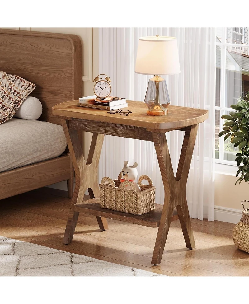 Tribesigns Solid Wood Side Table Set of 2, 2-Tier End Table with Storage, Farmhouse Nightstand for Small Spaces