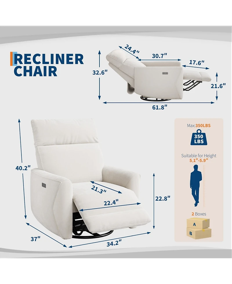 homfan Power Recliner Chair, Pu Leather Swivel Rocker with Usb Ports, Nursery Glider Reclining Sofa Ergonomic Lounge for Living Room
