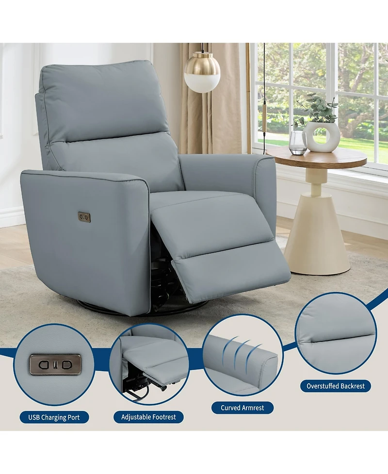 homfan Swivel Recliner Chair with Charging Port, Pu Leather Upholstered Swivel Glider with Adjustable Footrest and Curved Armrest