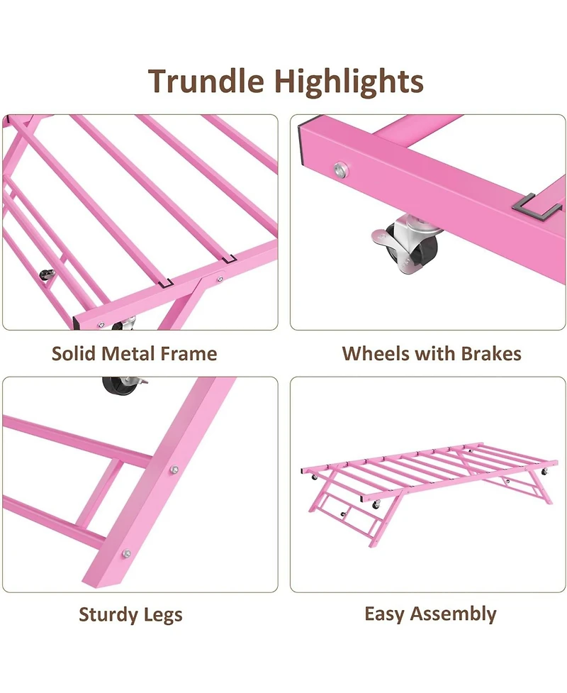 gaomon Trundle Bed Twin with Lockable Wheels, Pop Up Twin Trundle Bed, Sturdy Metal Foldable Bed Frame for Living Room, Bedroom and Guest Room