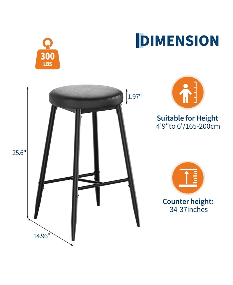 Gaomon Set of 2 Bar Stools, 26 Inch Counter Height Modern Barstools with Thick Seat, Metal Frame and Footrest, Faux Leather Saddle Stools for Kitchen