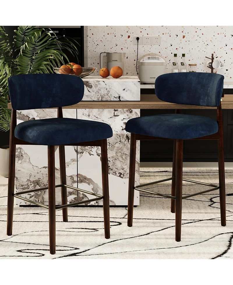 gaomon Set of 2 Upholstered Bar Stools, 26 Inch Counter Height Stools with Wood Legs, Kitchen Island Back, Linen Fabric, Curved Back