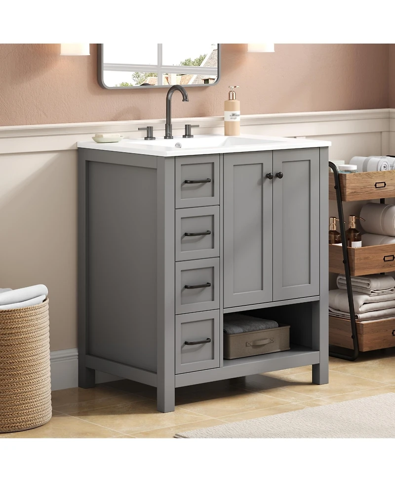 Busdays 30 Inch Bathroom Vanity Cabinet with Sink Top Two Doors and Two Drawers Solid Wood Open Shelf Mdf One Package