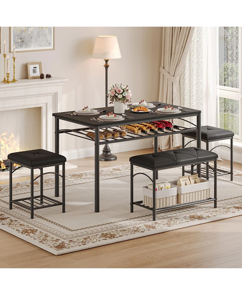 homfan Modern 4-Person Dining Table Set, Space-Saving Kitchen with Upholstered Benches, Wood and Metal Set for Apartments, Studios