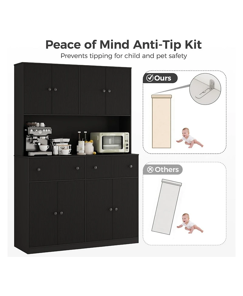 gaomon 47" Fluted Pantry Cabinet Countertop Charging Station 2 Drawers Adjustable Shelves