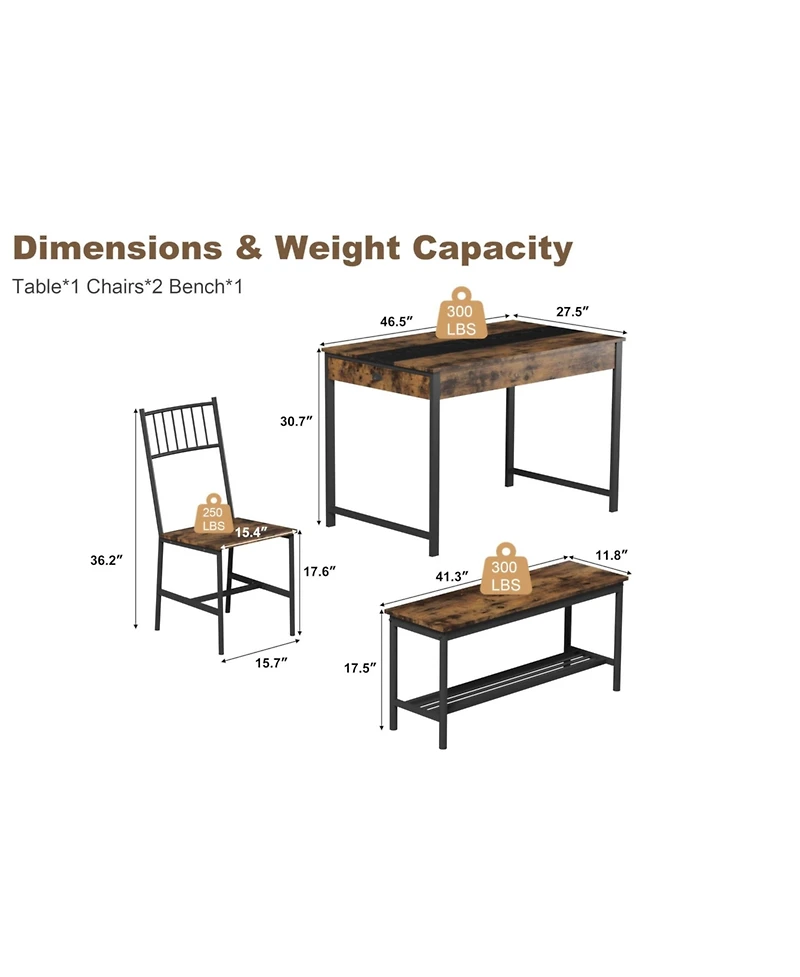 homfan Dining Table Set of 4, Wooden Kitchen with 2 Chairs, 1 Bench, Storage Drawers and Rack for Small Space Apartment