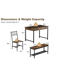 homfan Dining Table Set of 4, Wooden Kitchen with 2 Chairs, 1 Bench, Storage Drawers and Rack for Small Space Apartment