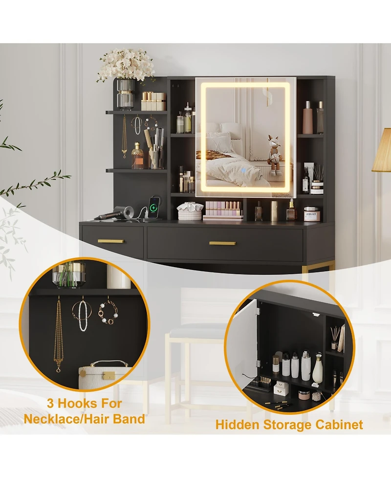 homfan Makeup Vanity with Led Lights, Modern Dressing Set with Cushioned Stool, 3 Lighting Modes 2 Drawers, Open Shelves, Cabinet and Charging Station
