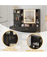 homfan Makeup Vanity with Led Lights, Modern Dressing Set with Cushioned Stool, 3 Lighting Modes 2 Drawers, Open Shelves, Cabinet and Charging Station