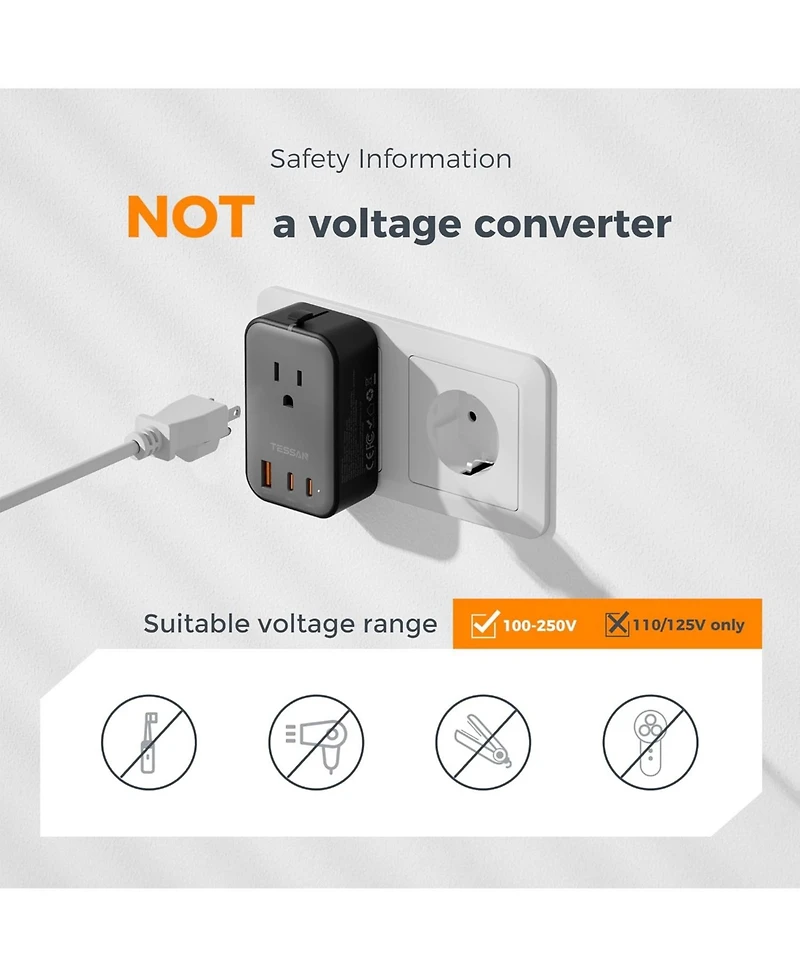 Tessan Travel Adapter Pd 20W, Universal Power Adapter 2 Usb C 1 Usb A, Ultra Thin International Plug Adaptor Worldwide Outlet for Us to European Uk