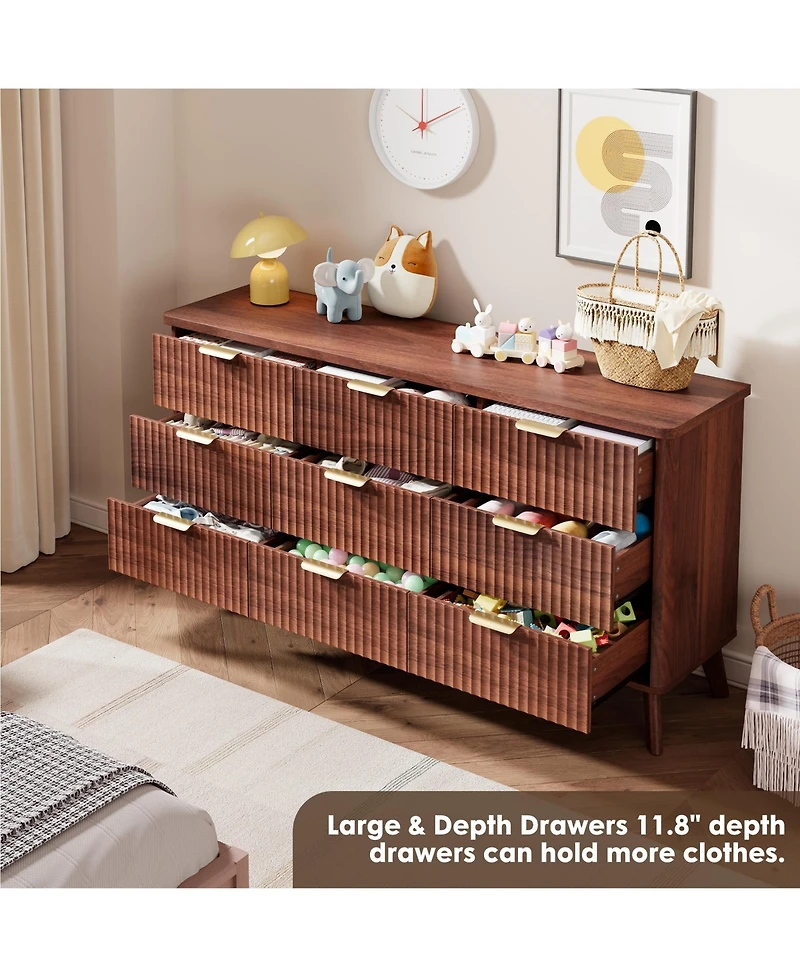 gaomon 60.6" Fluted 9-Drawer Dresser with Curved Profile, Modern Chest and Tv Stand