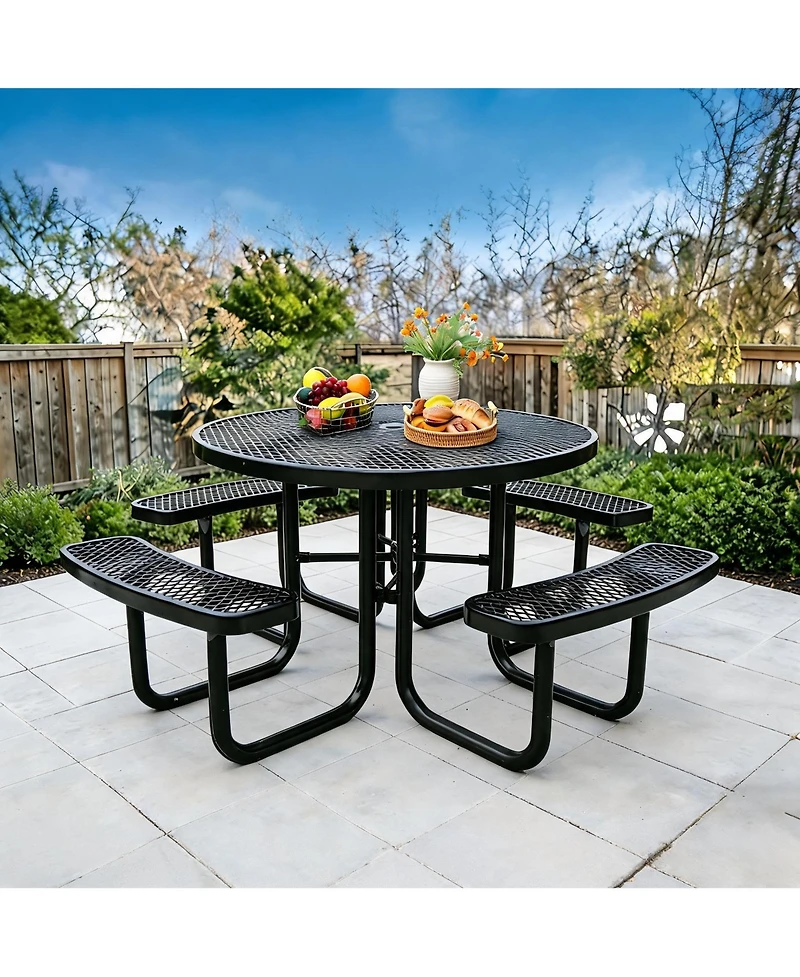 homfan Heavy Duty Metal Picnic Tables with Umbrella Hole, 46" Round Top Table Coated Steel Commercial Grade Furniture Set Weather and Rust Resistant