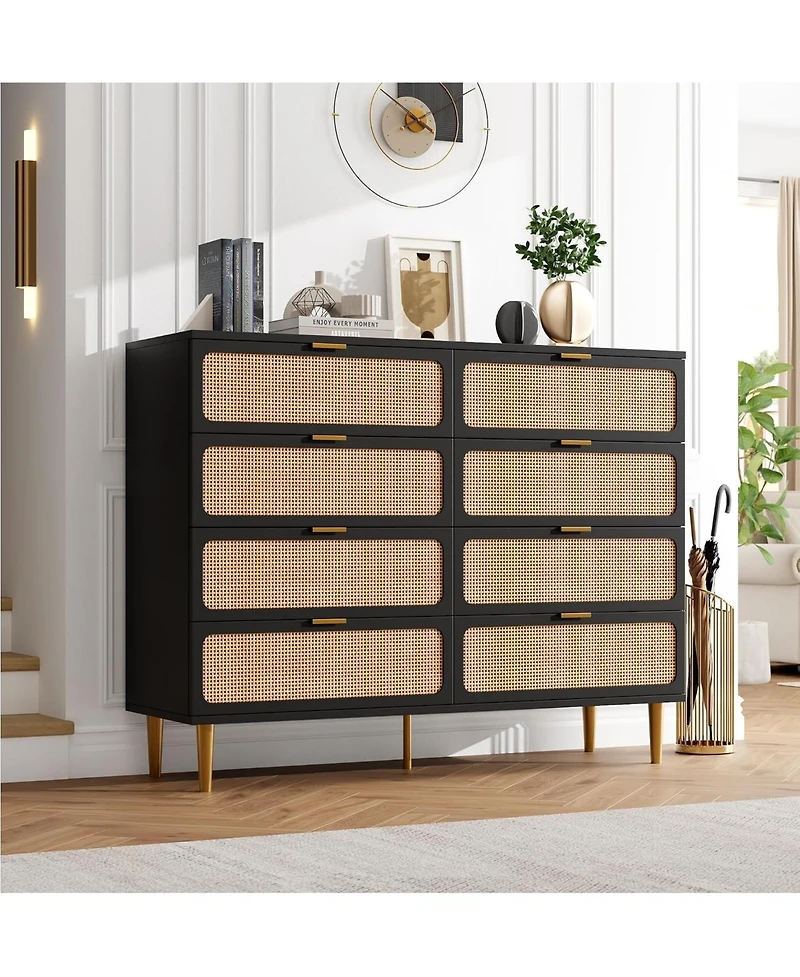 gaomon Rattan 8 Drawer Dressers for Bedroom, Tall Dresser with Deep Drawers, Large Chest of Drawers Closet Wide Top, Long Wooden
