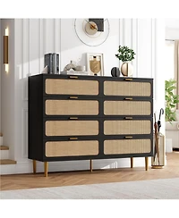 gaomon Rattan 8 Drawer Dressers for Bedroom, Tall Dresser with Deep Drawers, Large Chest of Drawers Closet Wide Top, Long Wooden