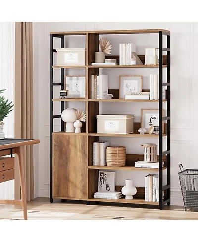 gaomon 5-Tier Bookshelf with Doors – 71.1" Industrial Display Shelf with Metal Frame, Adjustable Shelf and Protective Rails for Living Room