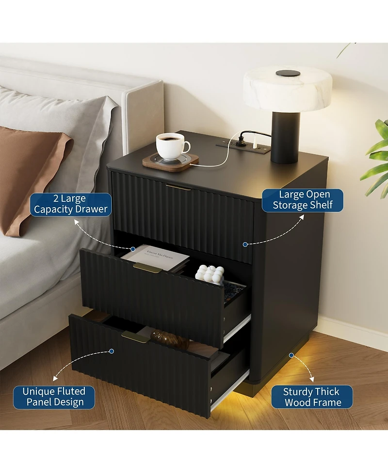 gaomon Fluted Nightstand Set of 2, Wooden Night Stand with Charging Station and Led Light, Modern Mid Century Bedside End Table 3 Drawers