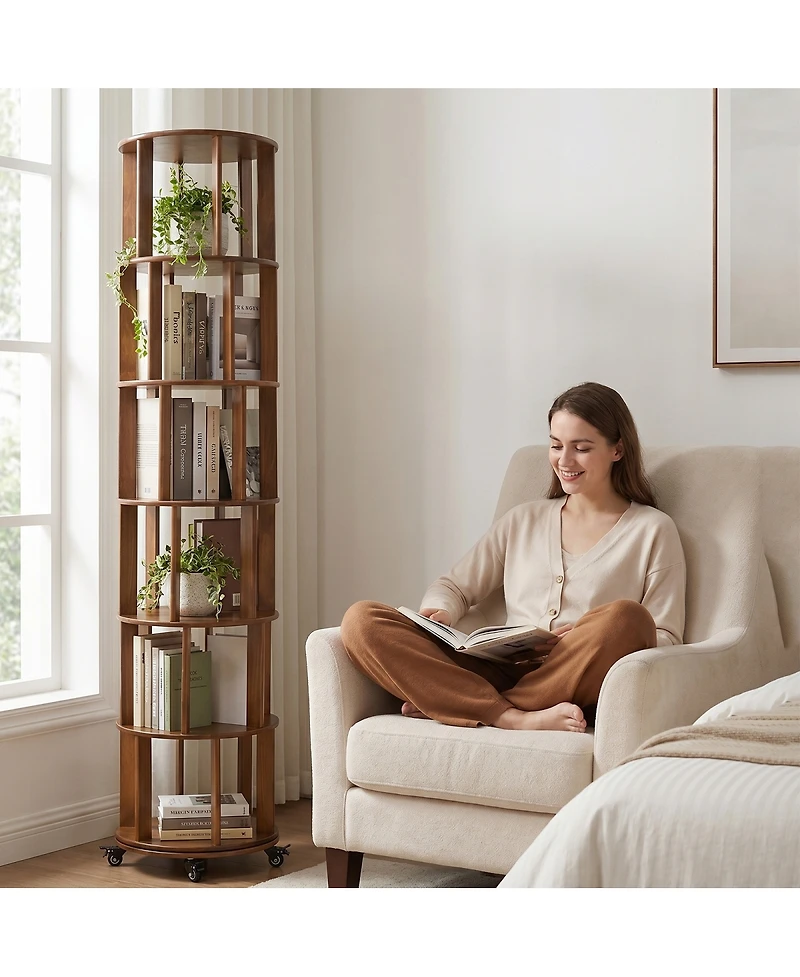 Streamdale Furniture 6-Tier Rotating Solid Wood Bookshelf Tower with Wheels
