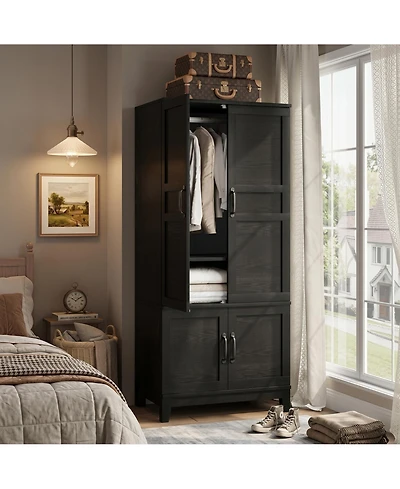 homfan Spacious Modern Wooden Wardrobe, 71"/72" Tall Freestanding Cabinet with 2-4 Doors, 2 Drawers, Adjustable Shelves, Hanging Rod, Organizer