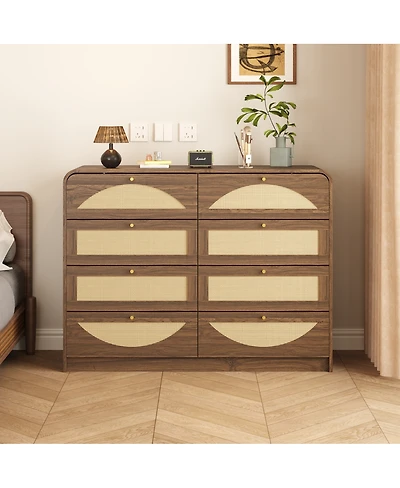 Streamdale Furniture 8-Drawer Walnut Dresser with Rattan Front